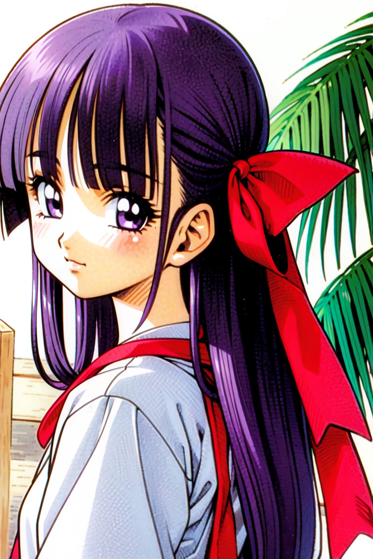 toriyama akira, 1girl, adult, 20 year old, bangs,  depth of field, embedded, hair ribbon, long hair, looking at viewer, ne...